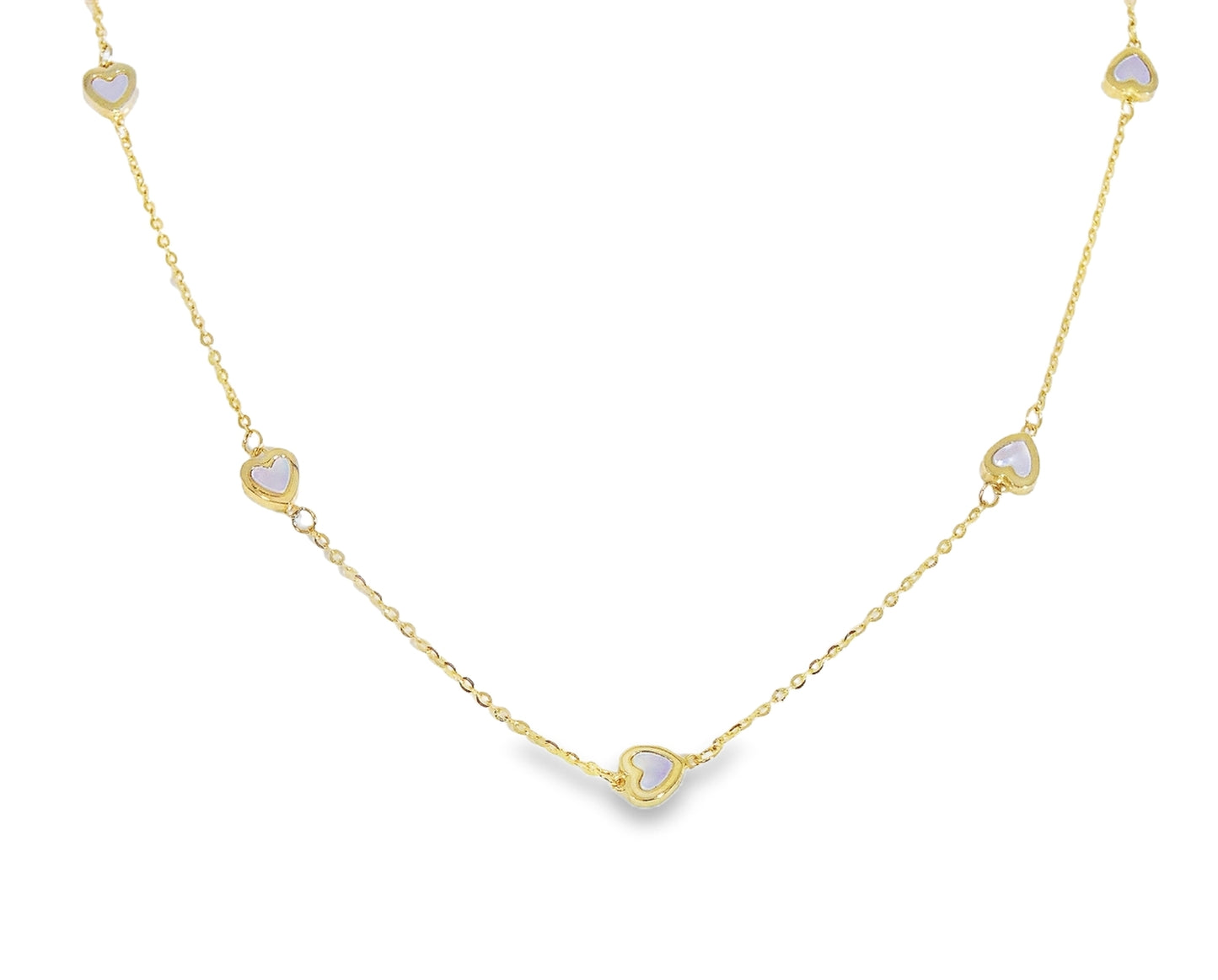 Gold necklace with heart-shaped gemstones on a white background