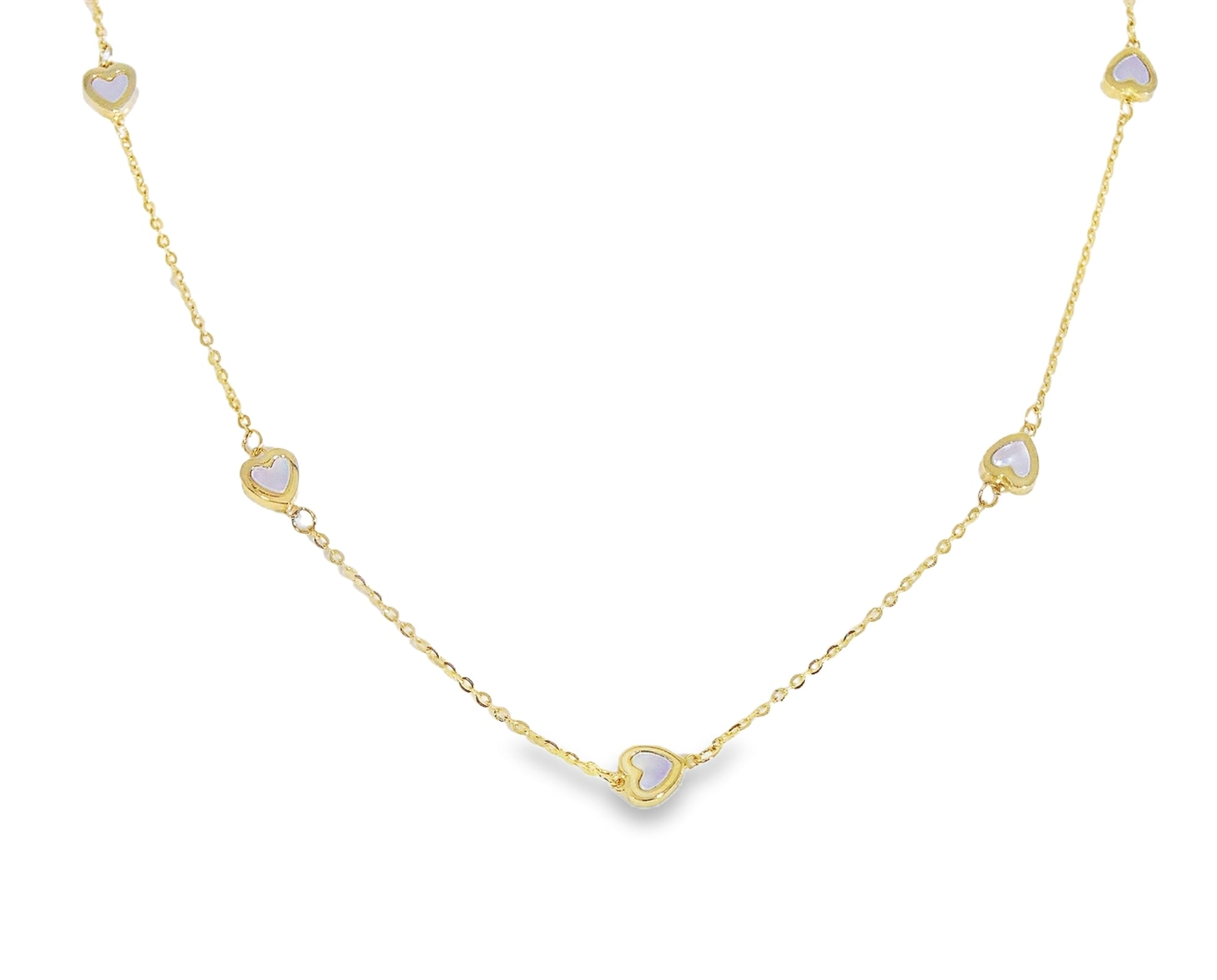 Gold necklace with heart-shaped gemstones on a white background