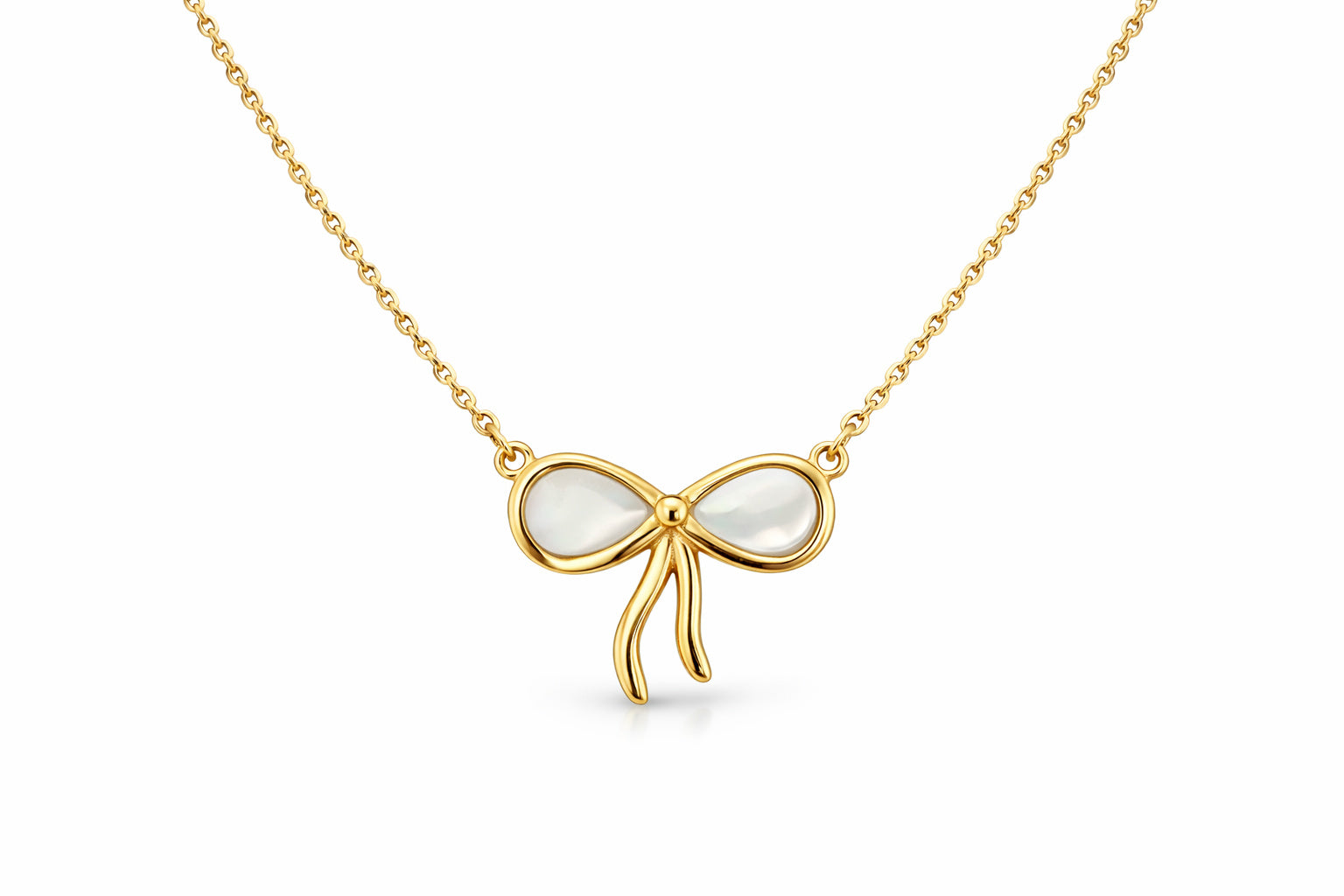 Gold necklace with a bow-shaped pendant on a white background