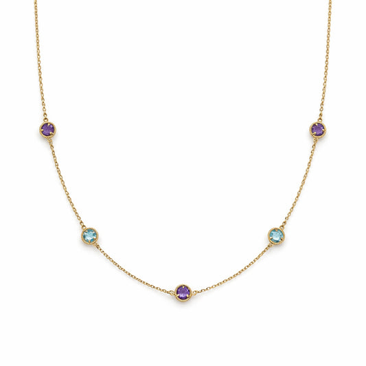 Rope Twist Halo Round Amethyst & Blue Topaz Station Necklace