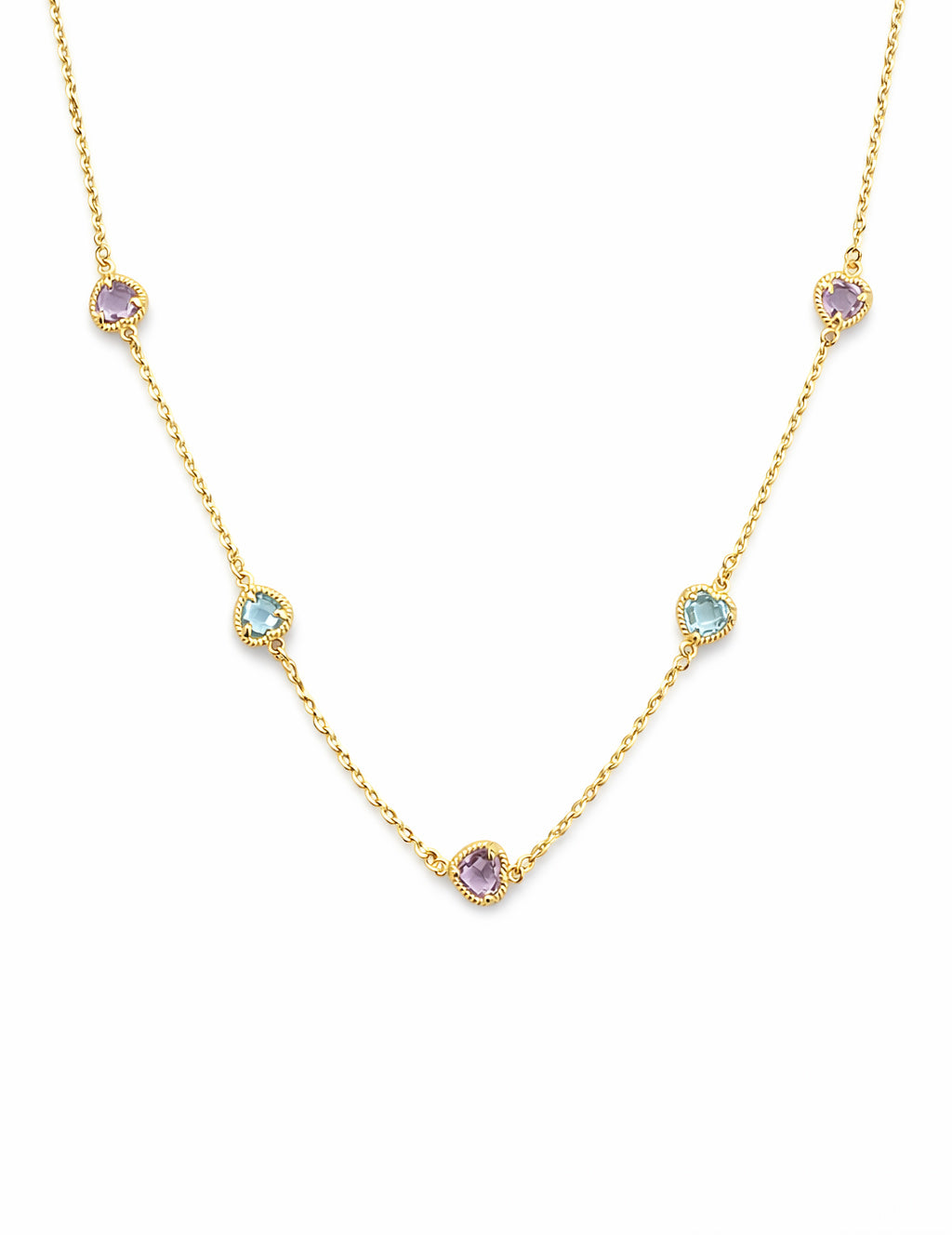 Rope Twist Halo Heart Amethyst and Blue Topaz Station Necklace