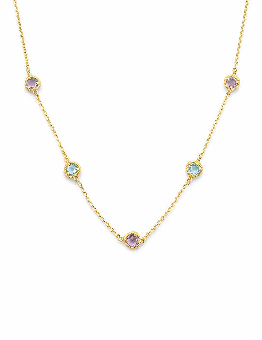 Rope Twist Halo Heart Amethyst & Blue Topaz Station Necklace