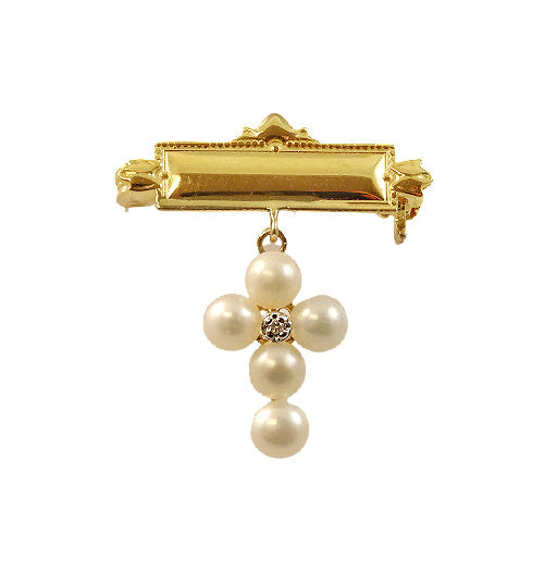 14K Gold Engravable Pearl Cross Pin with Diamond Accent