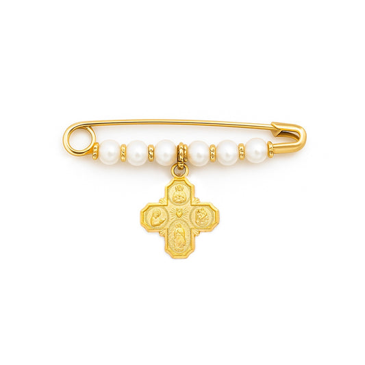 Pearl Baby Pin with Miniature Four-Way Medal Cross