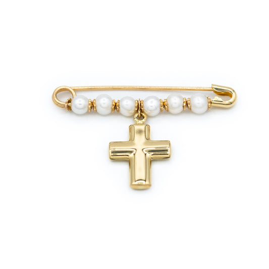 Pearl Baby Pin with Gold Domed Cross