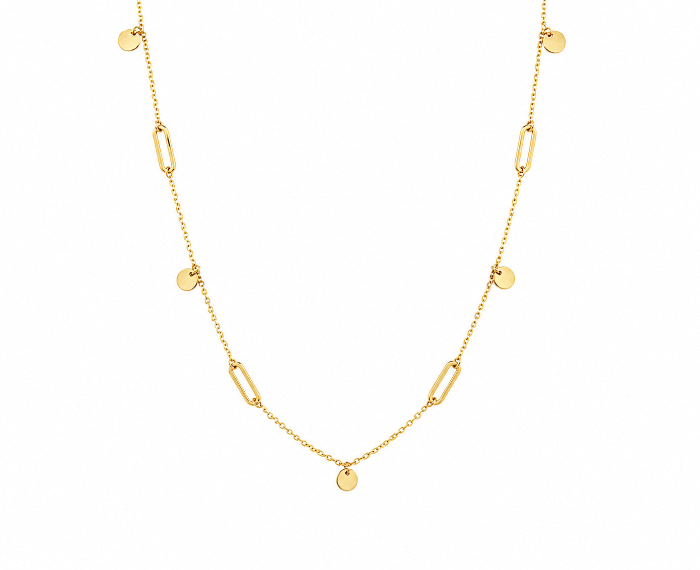 A delicate gold chain necklace featuring alternating small flat round discs and elongated paper clip oval links, displayed against a solid white background.