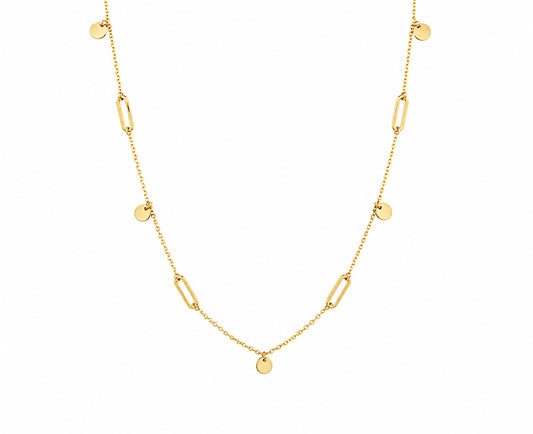 A delicate gold chain necklace featuring alternating small flat round discs and elongated paper clip oval links, displayed against a solid white background.