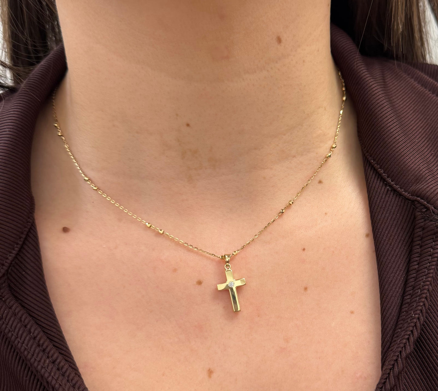 14K Yellow Gold Medium Cross Pendant with CZ Center 16mm