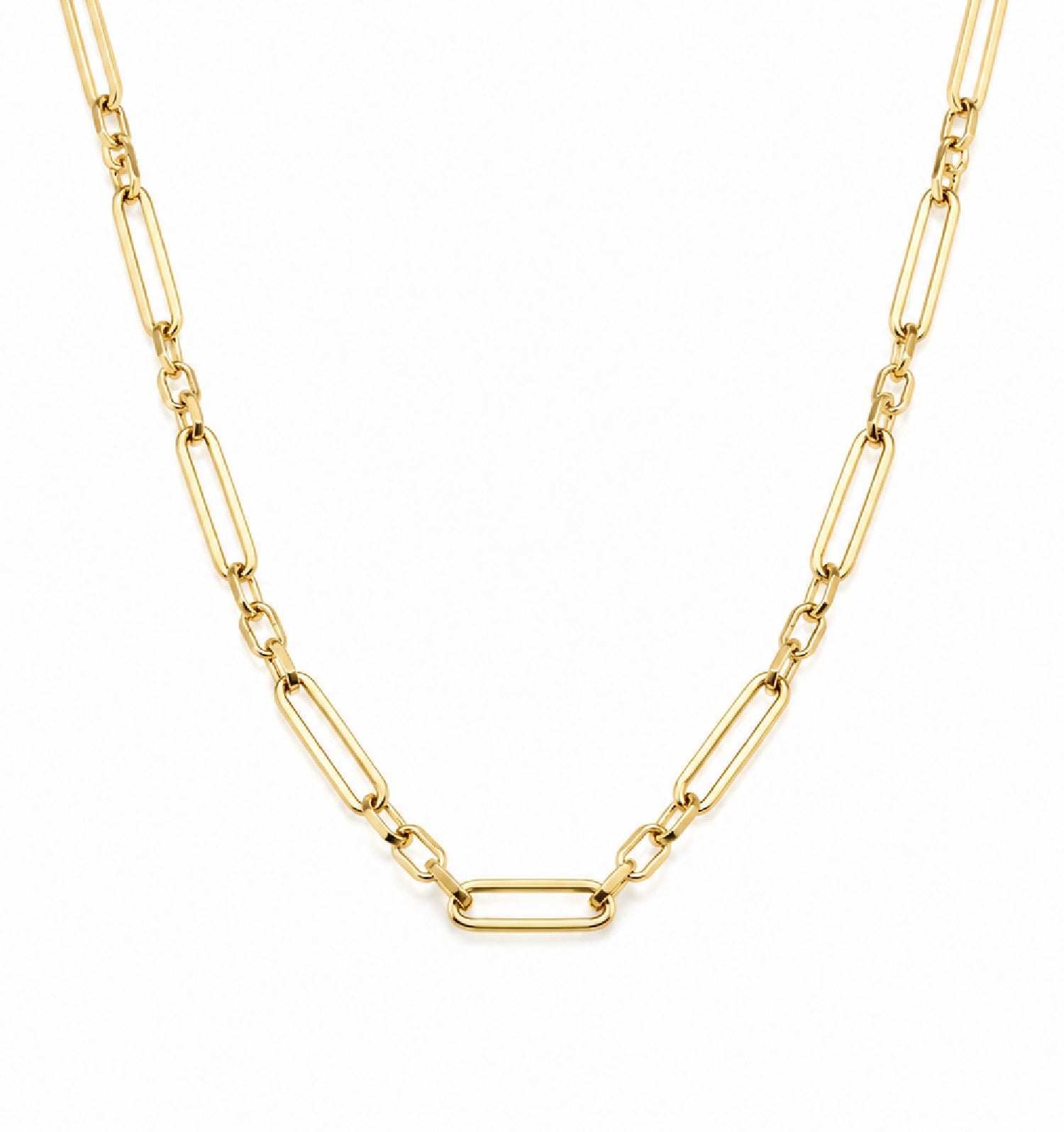 A gold figaro style paperclip chain necklace with a polished finish, displayed against a clean white background.