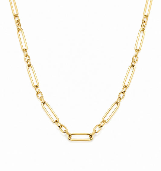 A gold figaro style paperclip chain necklace with a polished finish, displayed against a clean white background.