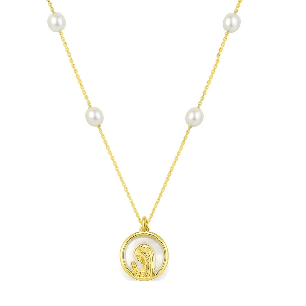Round Austrian Crystal Gold Praying Virgin Mary on Pearl Necklace