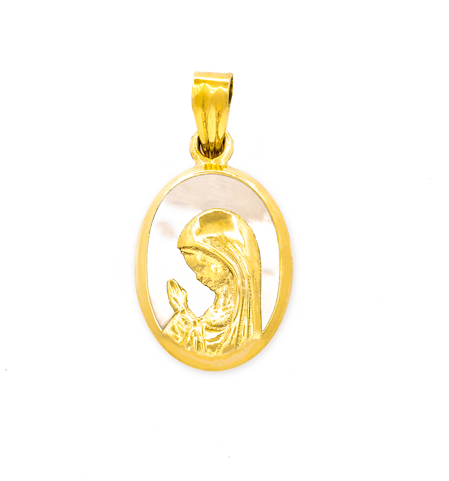 Oval Mother of Pearl with Gold Praying Virgin Mary Medal