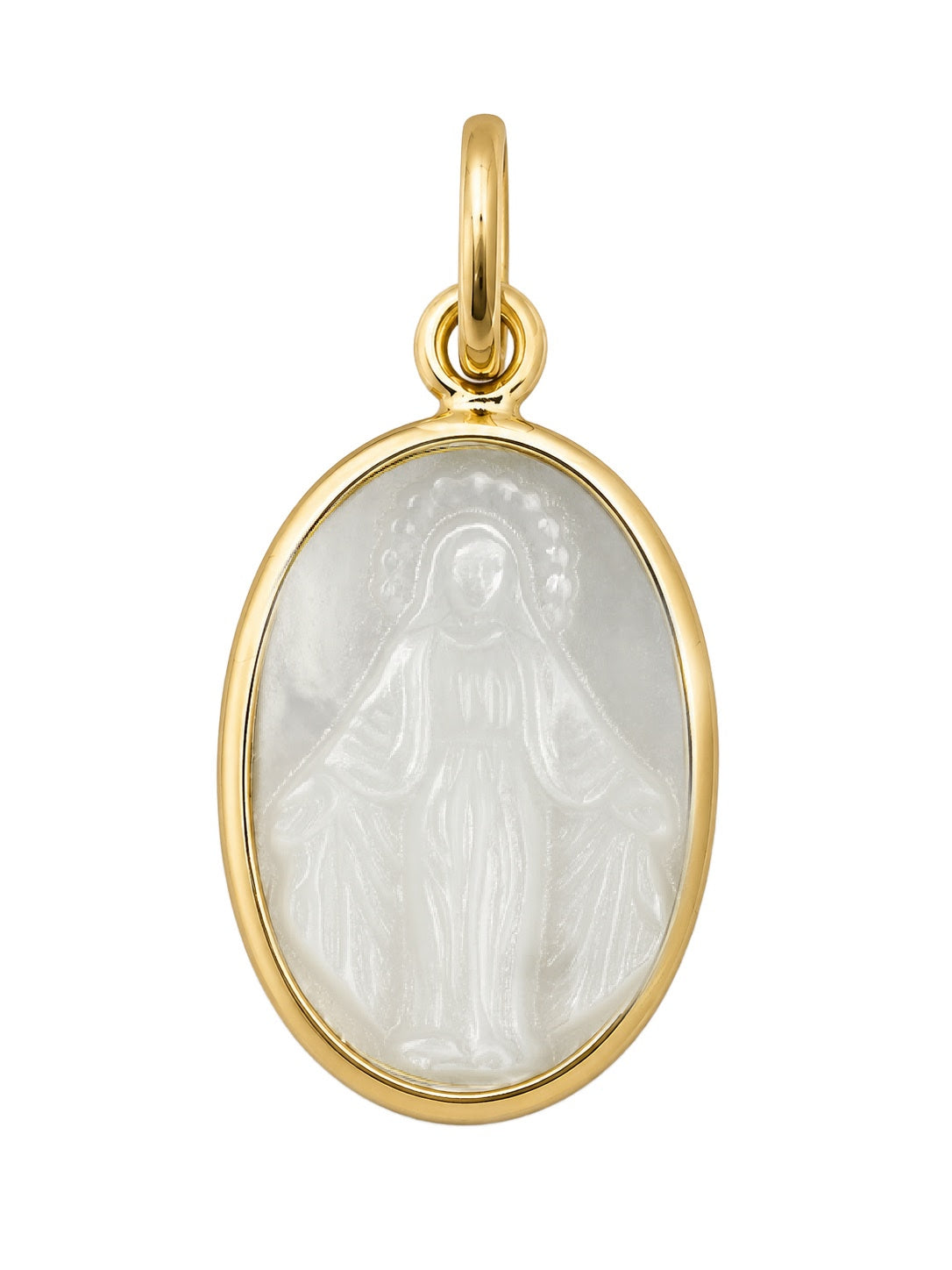 An oval pendant featuring a carved white mother-of-pearl depiction of the Virgin Mary, set in a polished yellow gold bezel with a hanging loop at the top, shown against a plain white background.