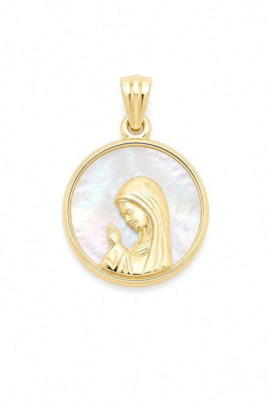 A gold pendant featuring a raised profile of the Virgin Mary in prayer, set against an iridescent white mother-of-pearl background, shown on a plain white background.