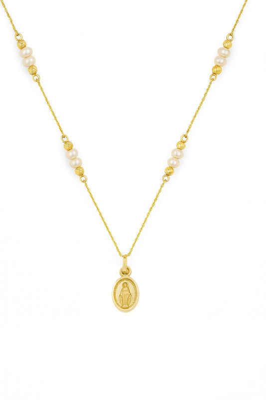 Mini Miraculous Medal Necklace with Pearl y Bead Stations