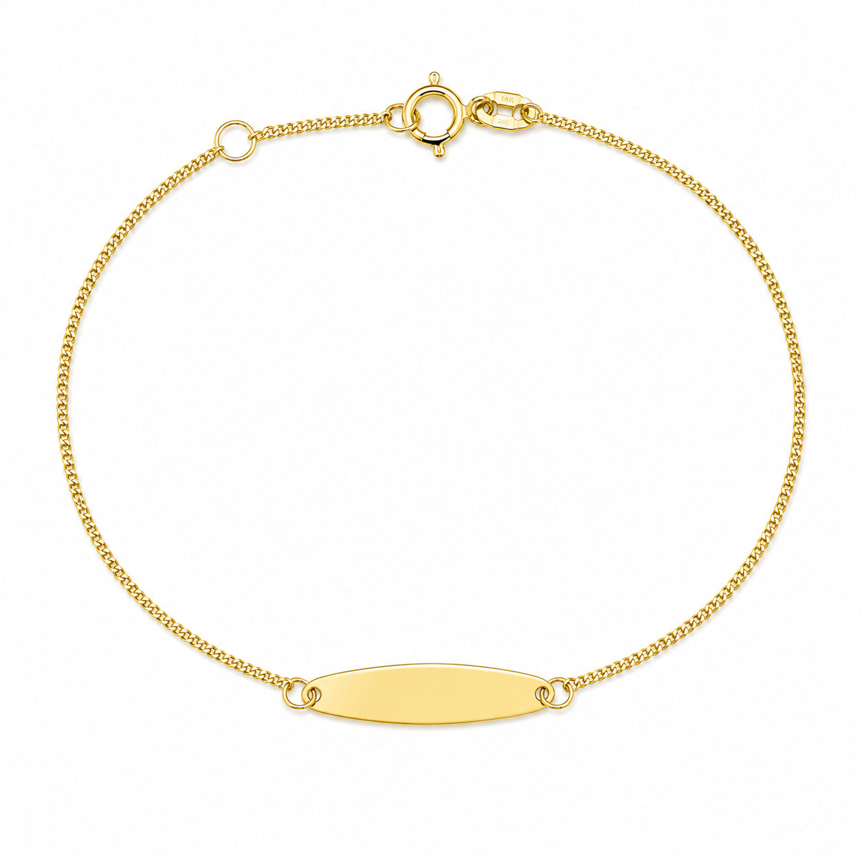 Gold bracelet with a flat oval name plate tag on a white background