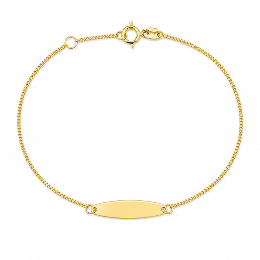 Gold bracelet with a flat oval name plate tag on a white background