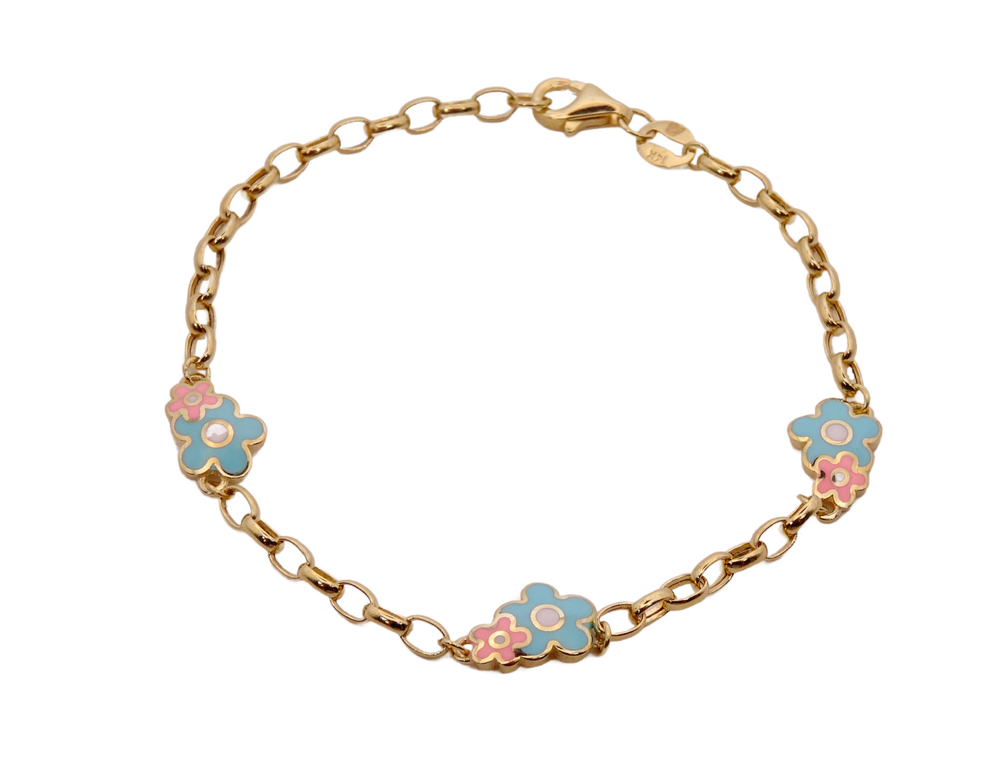 Blue Pink Enamel Flower Duo Rolo Link Bracelet