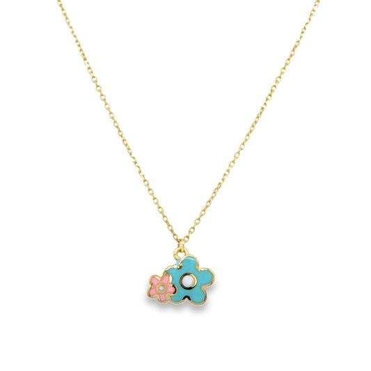 Blue Pink Enamel Flower Duo Pendant Necklace