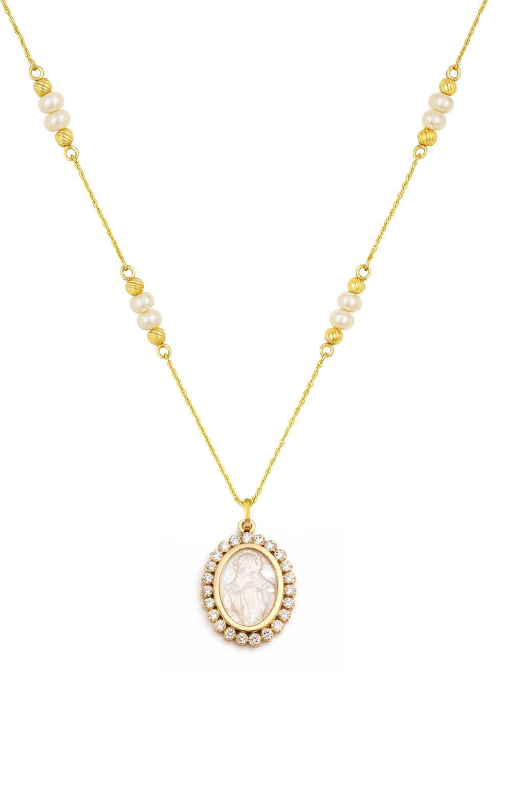 Mother of Pearl Miraculous CZ Medal Necklace with Pearl y Bead Stations