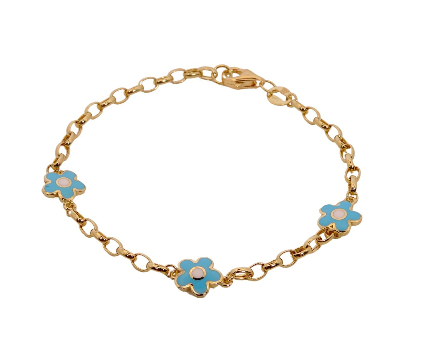 Blue Enamel Daisy Flower Rolo Link Bracelet