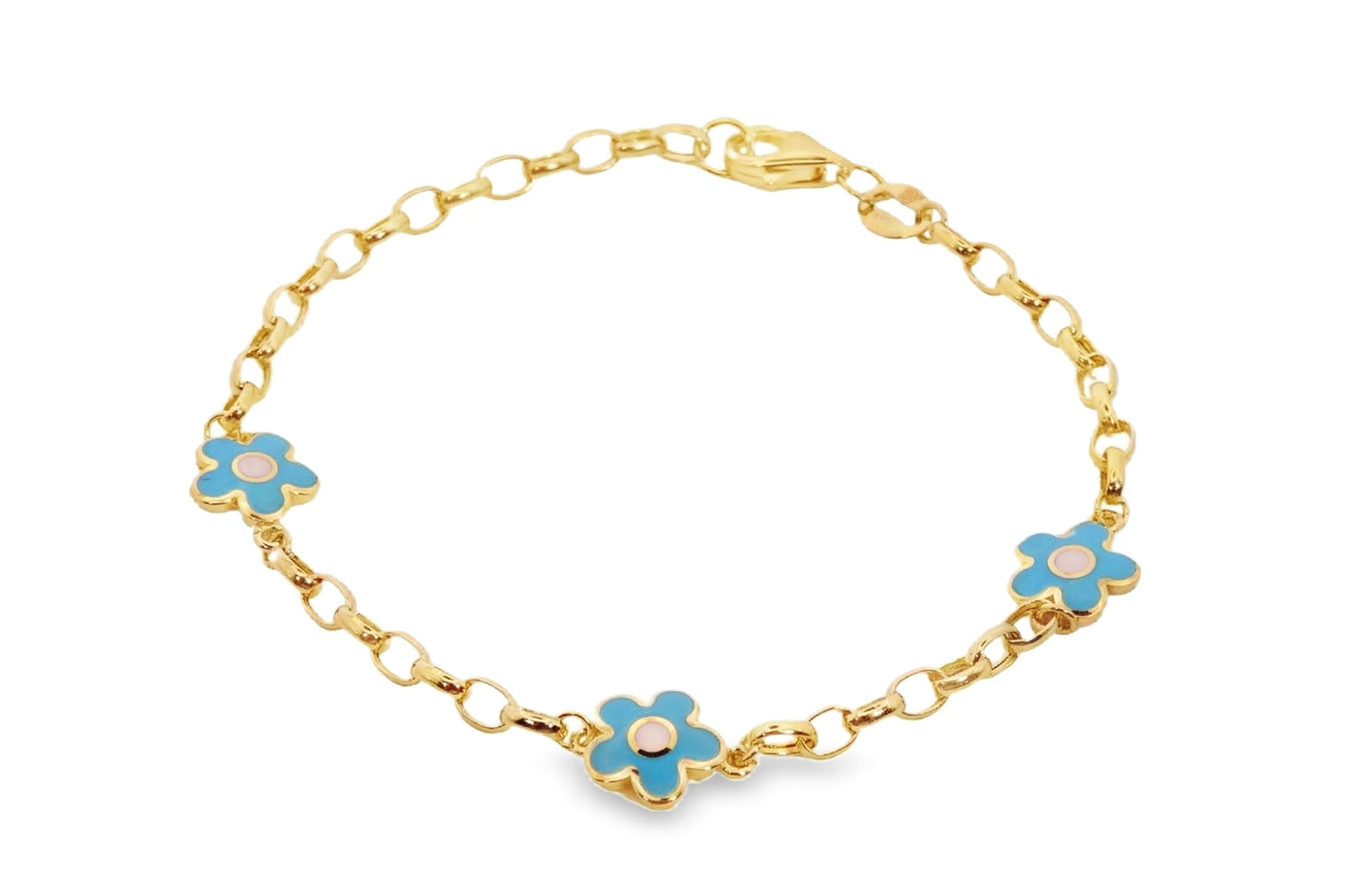 Blue Enamel Daisy Flower Rolo Link Bracelet