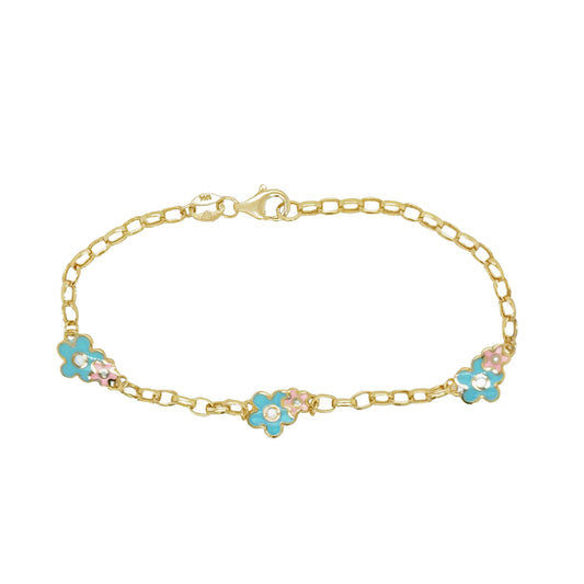 Blue Pink Enamel Flower Duo Rolo Link Bracelet