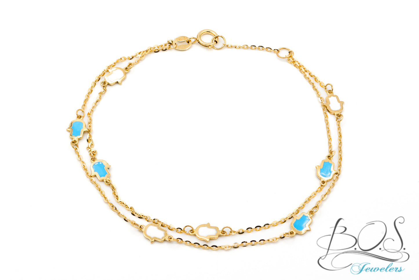 14KY Gold enamel hamsa double chain bracelet