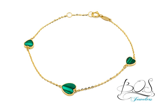 14K Gold Turquoise or Malachite Multi Heart Bracelet