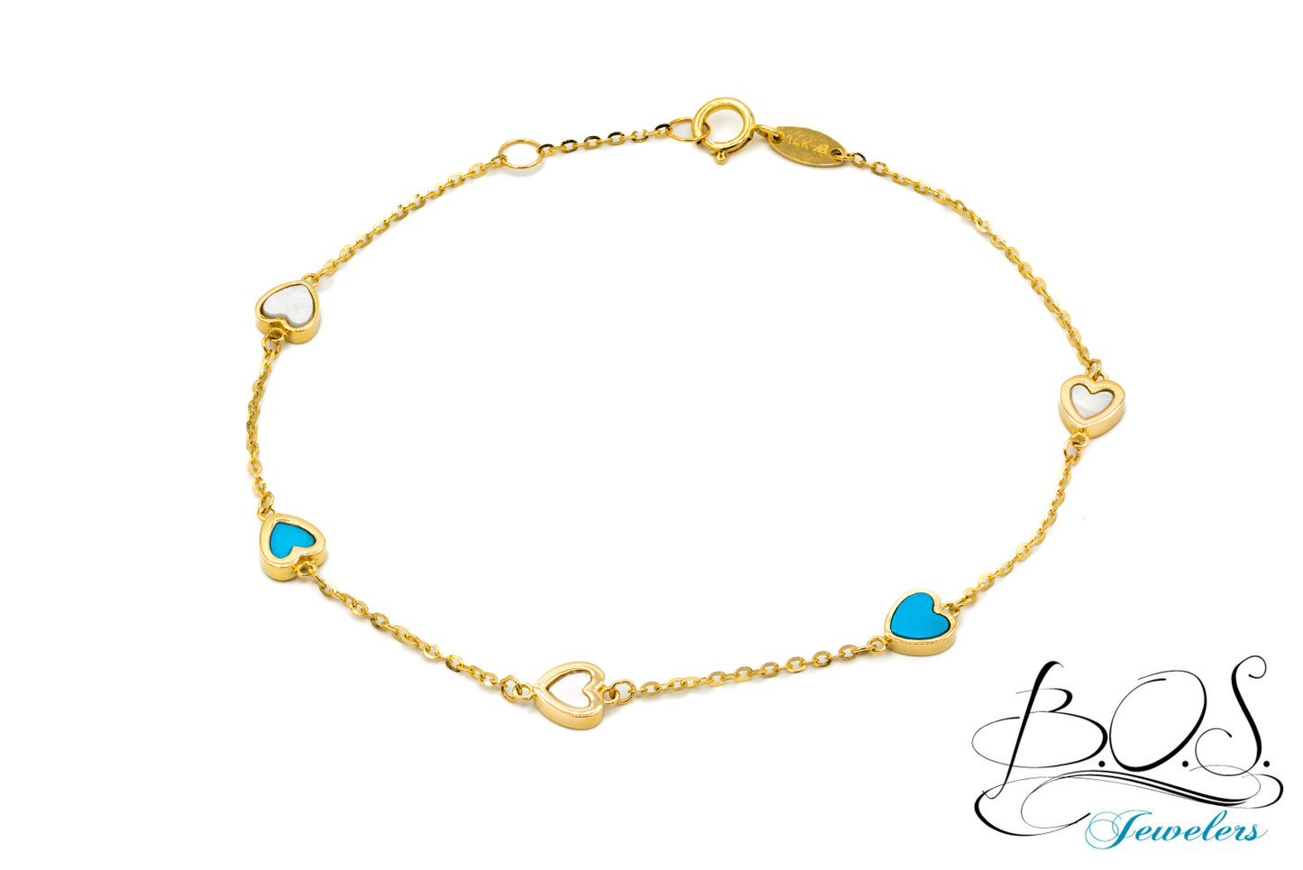 14K Gold Heart Mother of Pearl and Turquoise Bracelet