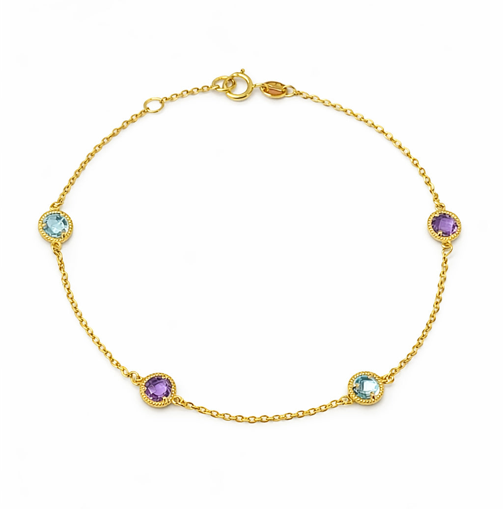 Rope Twist Halo Round Amethyst & Blue Topaz Station Bracelet
