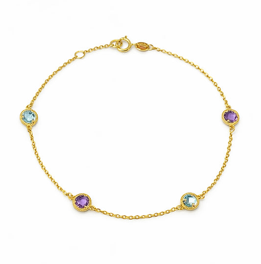 Rope Twist Halo Round Amethyst & Blue Topaz Station Bracelet