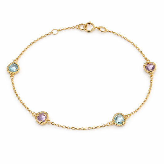 Rope Twist Halo Heart Amethyst & Blue Topaz Station Bracelet
