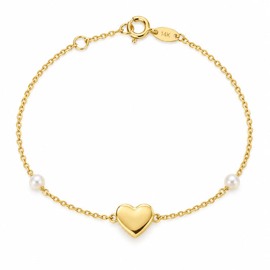 14K Yellow Gold Heart & Freshwater Pearl Bracelet