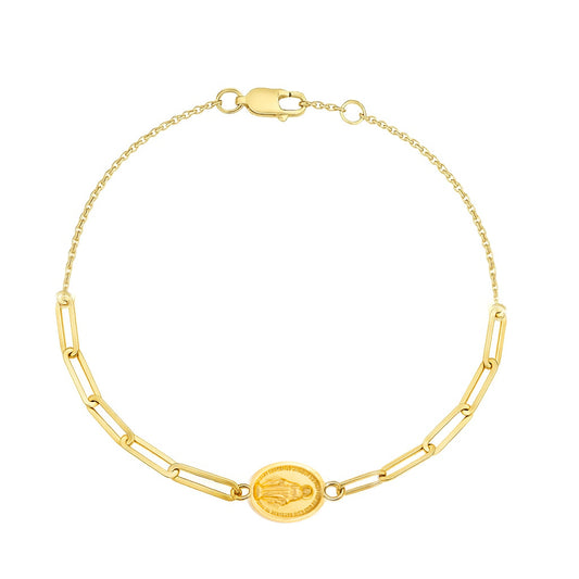 Miniature Miraculous Medal On Paper Clip Cable Chain Bracelet