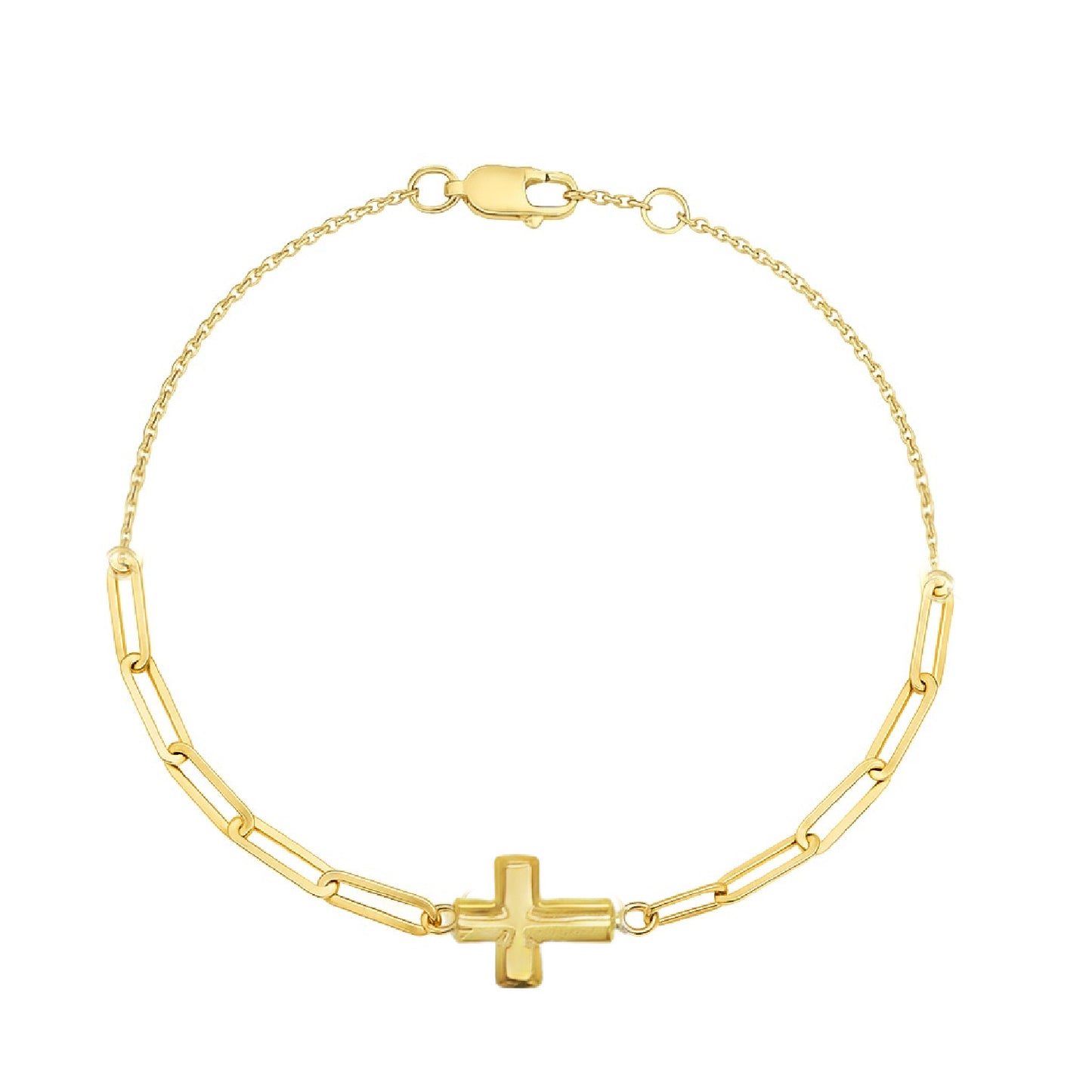 Single Domed Cross on Paperclip and Cable Link Bracelet