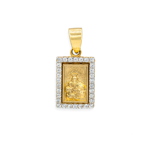 Small Scapular Medal with Cubic Zirconia Frame 14K Yellow Gold