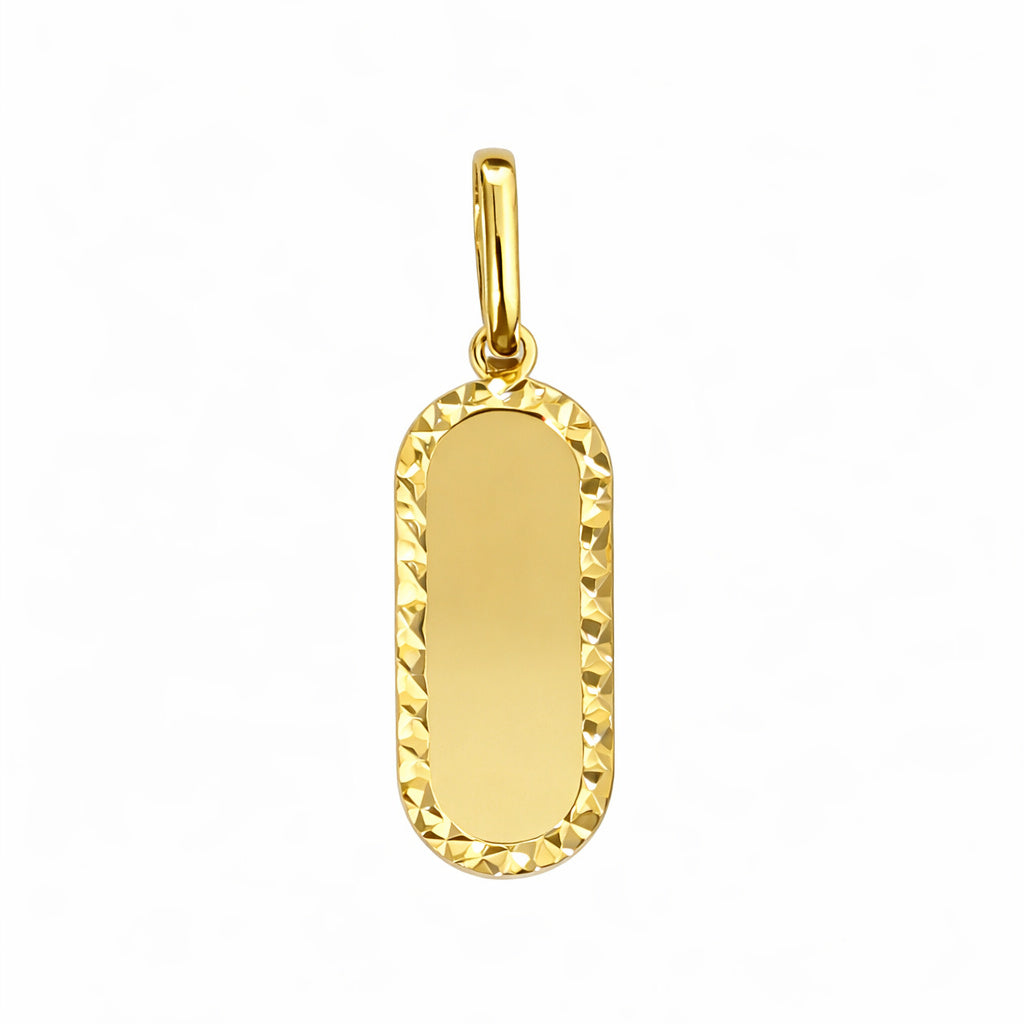 Gold elongated oval pendant with diamond cut border on a white background