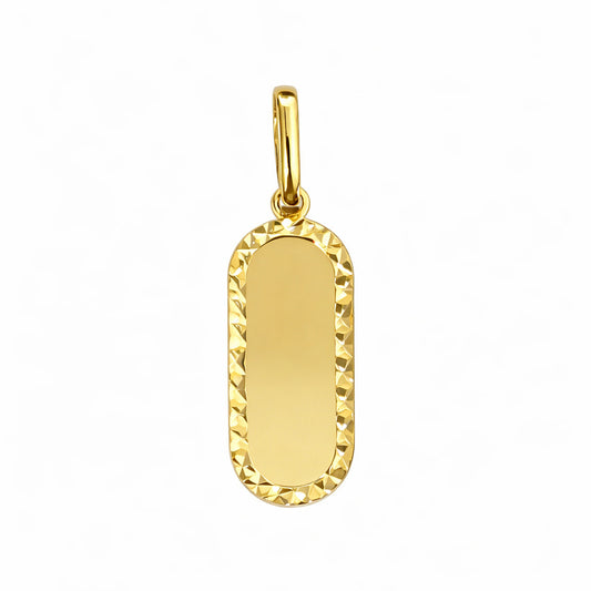 Gold elongated oval pendant with diamond cut border on a white background