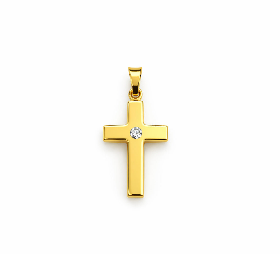 14K Yellow Gold Medium Cross Pendant with CZ Center 16mm