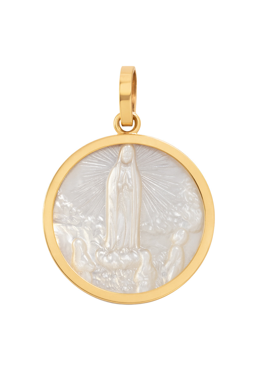 Round Mother of Pearl Our Lady of Fatima Medal Engravable Pendant