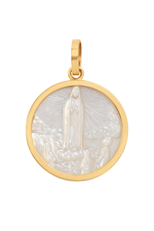 Round Mother of Pearl Our Lady of Fatima Medal Engravable Pendant