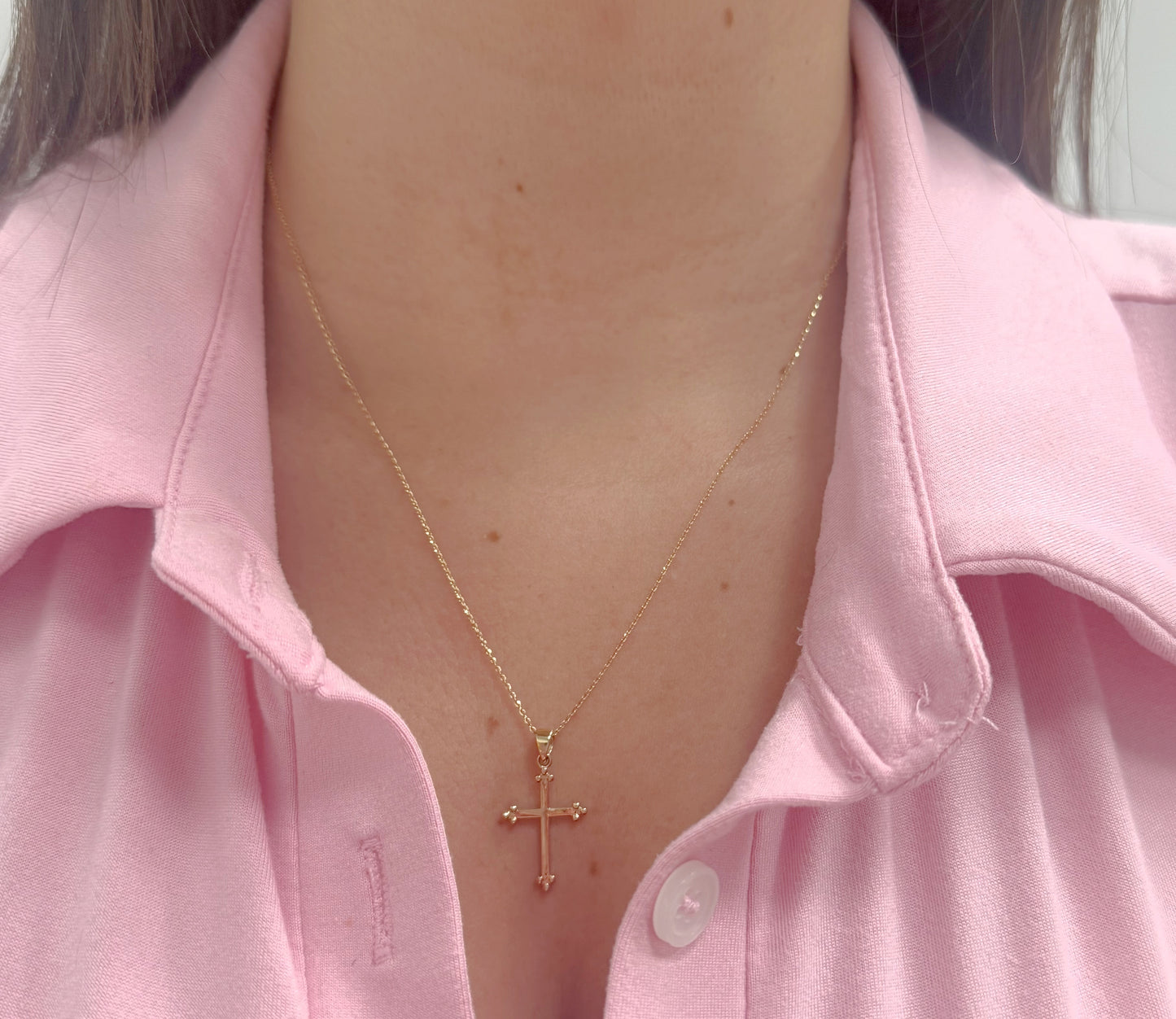 14K Yellow Gold Budded Tip Thin Cross Pendant