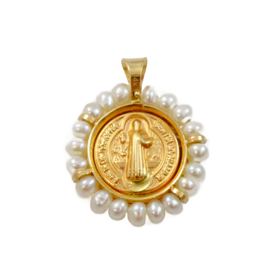 14k Gold St Benedict Pendant with Pearls