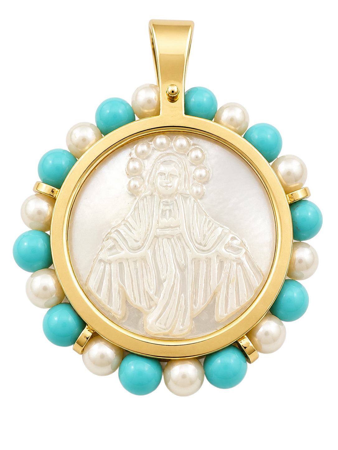Round Mother of Pearl Miraculous Medal Pendant with Mini Pearl Frame