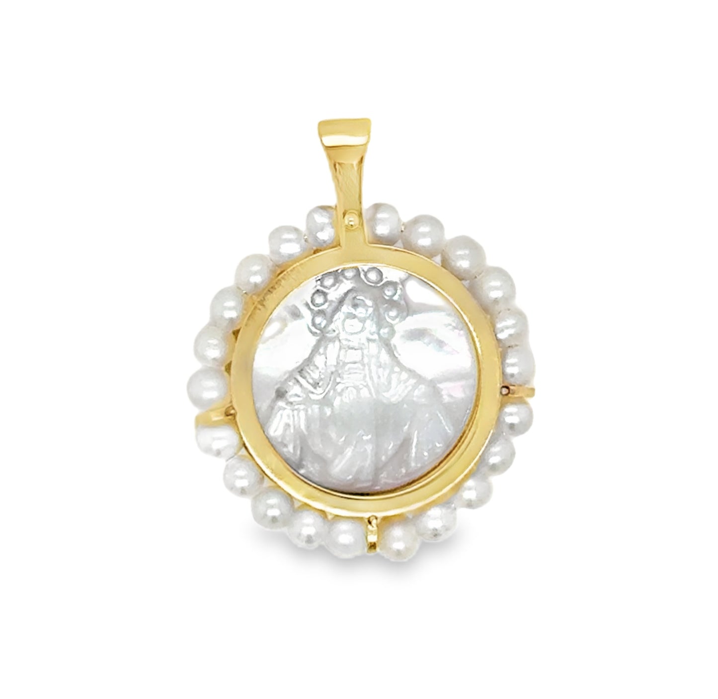 Round Mother of Pearl Miraculous Medal Pendant with Mini Pearl Frame