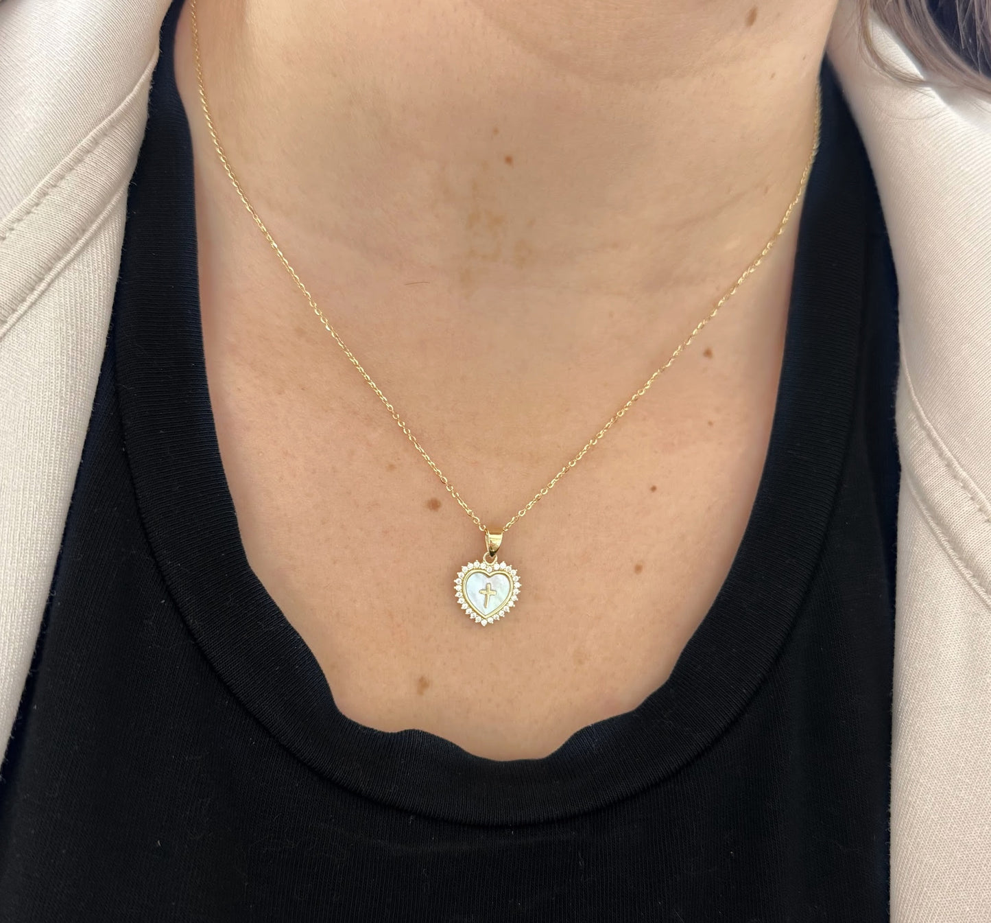 Mother of Pearl Heart Pendant with CZ Halo And Cross  12mm