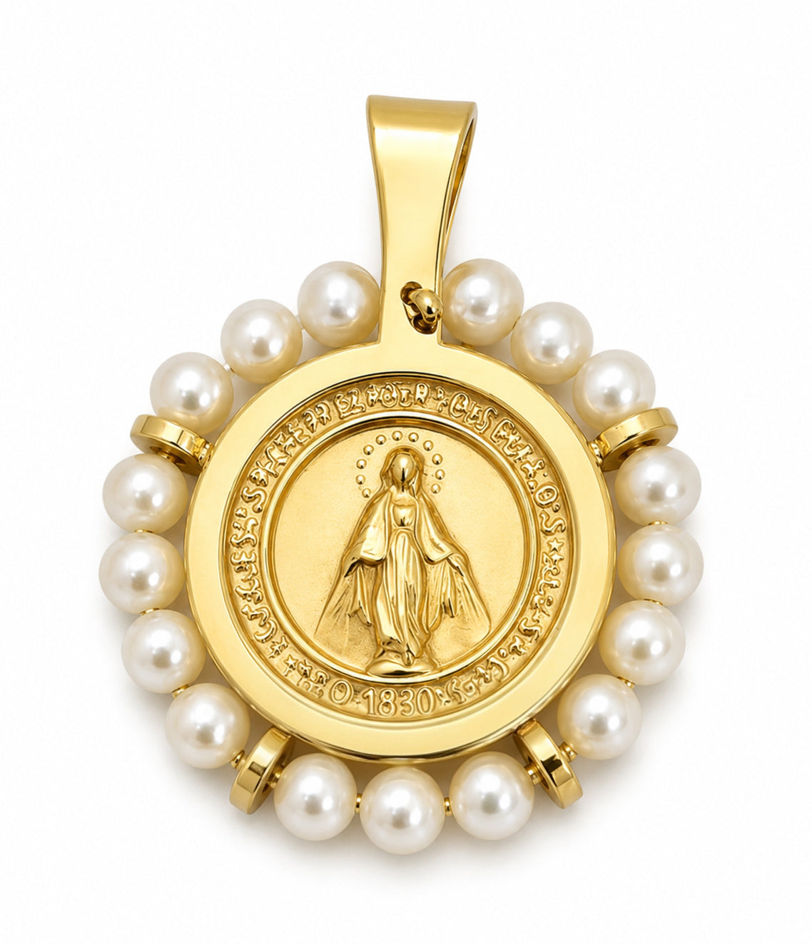 A gold pendant featuring a central religious medallion with a figure of the Virgin Mary, surrounded by a border of white fresh water pearls, shown on a plain white background.