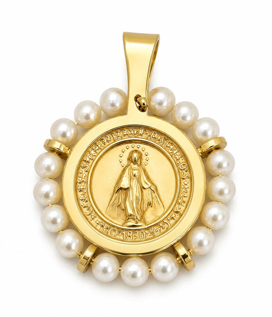 A gold pendant featuring a central religious medallion with a figure of the Virgin Mary, surrounded by a border of white fresh water pearls, shown on a plain white background.