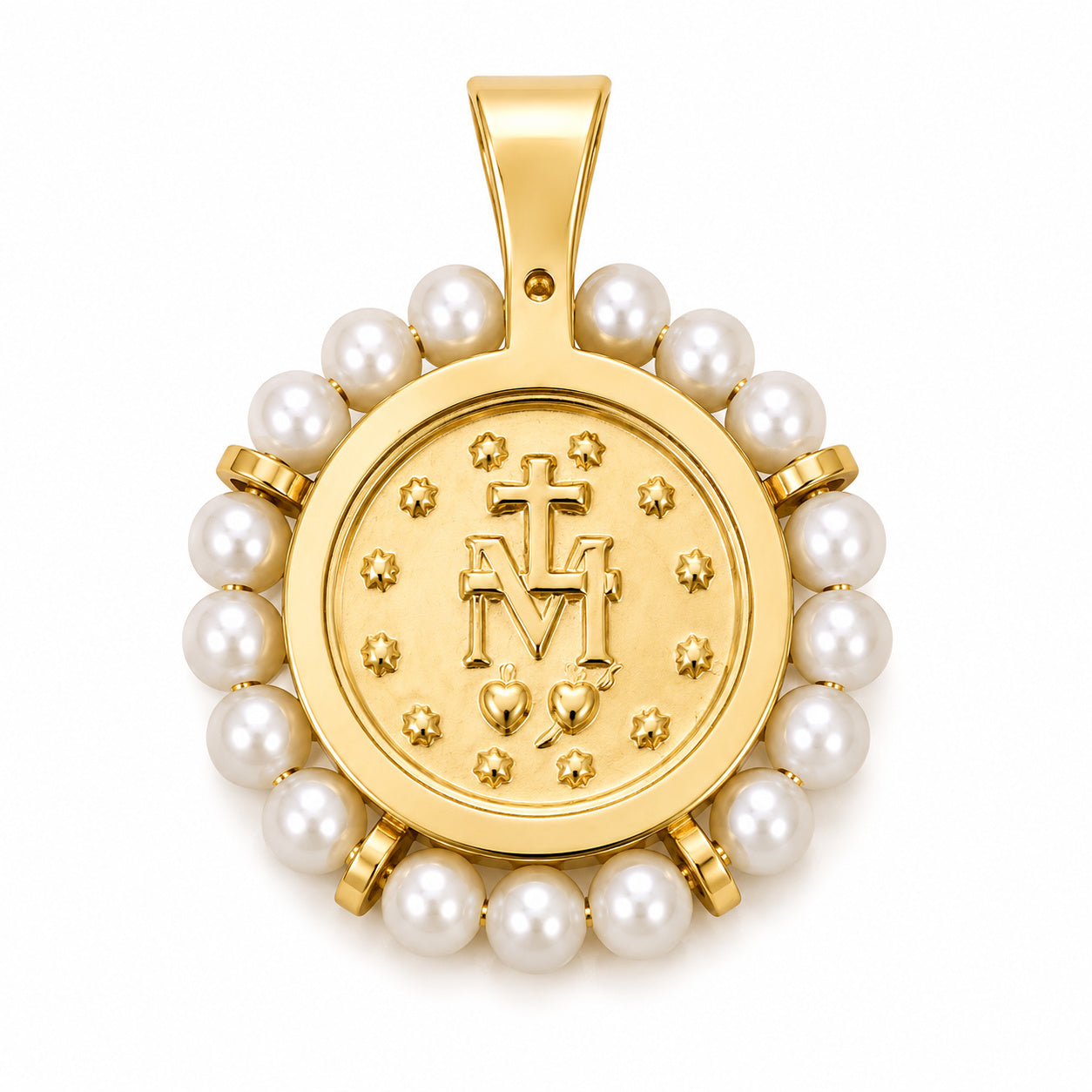 A gold pendant featuring a central circular medallion with an engraved monogram and cross, surrounded by a border of white pearls on a white background.